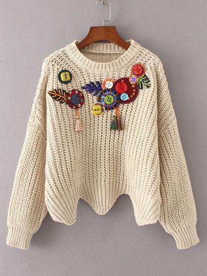 I'm definitely going to order this cute Button Embellished Wave Hem Sweater With its cute Fringe. ❄ ❄ ❄ ❄ Chunky Knit Jumper, Pullover Outfit, Embellished Sweaters, Hem Sweater, Button Sweater, Chunky Knits Sweater, Knit Jumper, Upcycle Clothes, Chunky Knit