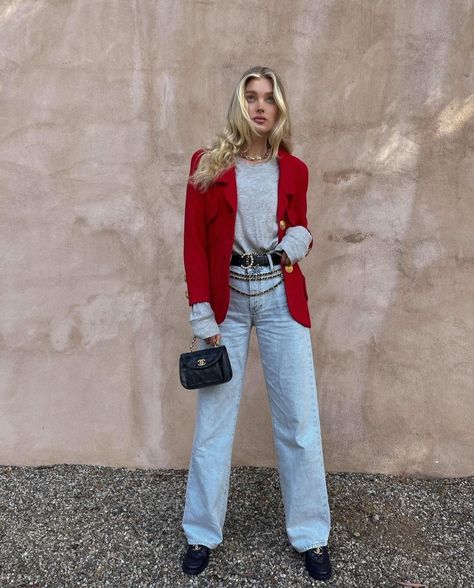 Elsa Hosk Navy Striped Shirt Outfit, Elsa Hosk Instagram, Elsa Hosk Outfits, Red Jacket Outfit, Red Blazer Outfit, Hailey Rhode Baldwin, Blazer Outfits Casual, More Is More, Elsa Hosk