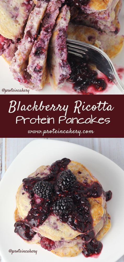 Blackberry Ricotta Protein Pancakes - Andréa’s Protein Cakery high protein recipes - gluten free, low carb, protein powder pancakes Blackberry Ricotta, Protein Powder Pancakes, Pancakes Protein, Low Carb Protein Powder, Vsg Recipes, Healthy Protein Snacks, High Protein Low Carb Recipes, Low Carb Protein, Protein Powder Recipes