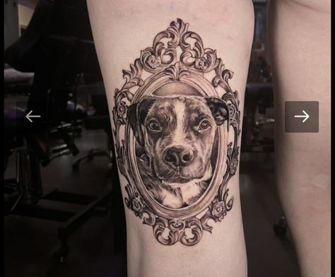 Pet Portrait Tattoo Frame, Gizmo Tattoo, Pet Portrait Tattoo, Dog Locket, Cameo Tattoo, Frame Tattoo, Locket Tattoos, Dog Portrait Tattoo, 2024 Tattoo