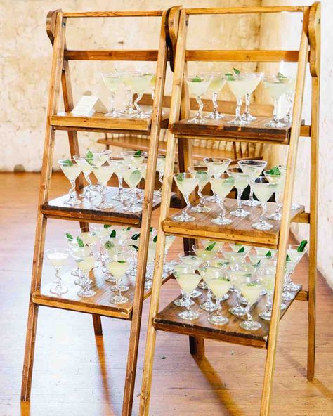 25 Cocktail Hour Ideas from Real Weddings | Martha Stewart Weddings - At this pre-reception party, the presentation of the signature sips was everything. #cocktailhour #weddinginspiration #weddingfood Cocktail Hour Napkins, Lush Green Wedding, Creative Seating Cards, Cocktail Hour Ideas, Cocktail Hour Food, Cocktail Hour Decor, Drink Display, Drink Stand, Signature Cocktail Sign