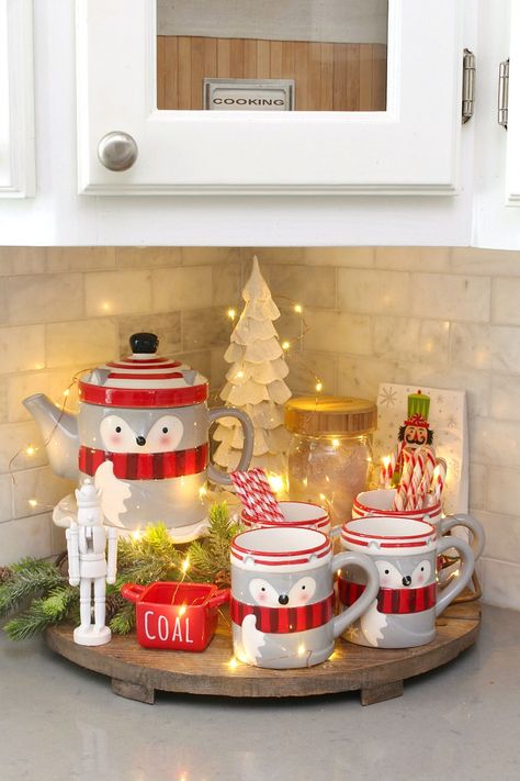 Christmas Bedroom Decor Ideas Simple, Christmas For Small Spaces, Christmas Decor For Small Kitchen, Christmas Countertop Decor Kitchen, Christmas Hot Chocolate Bar Kitchen, Decorate Top Of Entertainment Center, Kitchen Bar Christmas Decor, Coffee And Hot Chocolate Bar Ideas, Kitchen Counter Christmas Decor