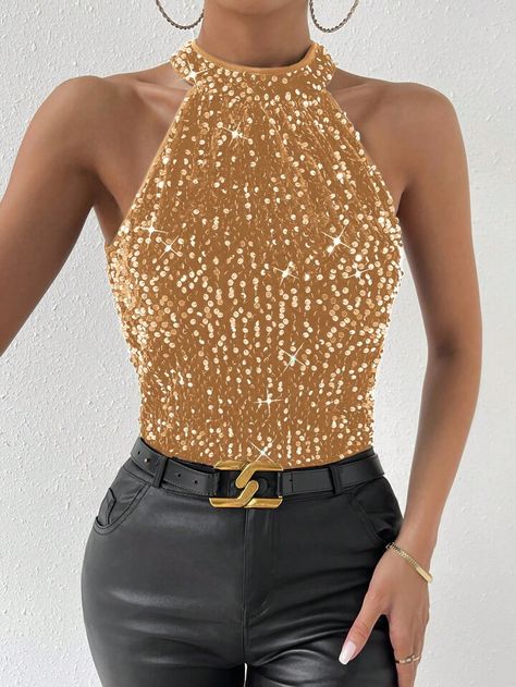 Free Returns ✓ Free Shipping✓. SHEIN BAE Keyhole Back Sequin Halter Top- Women Tank Tops & Camis at SHEIN. Sequin Embellished Top, Sequin Halter Top, Champagne Party, Sequin Halter, Womens Halter Tops, Women Tank Tops, Halter Tops, Embellished Top, Gold Sequin