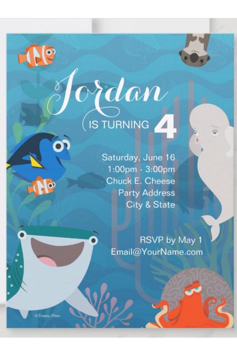 Make a splash with this adorable Finding Dory Birthday Invitation! Dive into an underwater adventure as you invite your little one's friends to celebrate their special day. Featuring Dory, Nemo, and their friends, this vibrant and colorful invitation is sure to captivate everyone's attention. With customizable details Finding Nemo Birthday Party Invitations, Finding Nemo Invitations Template, Nemo Birthday Party Invitations, Unique Birthday Invitation Ideas, Finding Nemo 3rd Birthday Party, Finding Nemo 2nd Birthday Party, Dory Party Decorations, Nemo Birthday Invitations, Finding Nemo Invitations