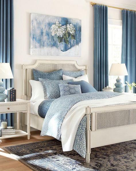 Our bedding collections are designed to snuggle together naturally, so you can layer patterns, colors, and textures to create extra warmth and comfort for a cozy night's sleep. Blue Sage Bedroom, Bedroom Decorative Pillows, Simple Bedding Sets Blue, Blue And Ivory Bedroom, Modern Bedding Set Blue, Blue And White Master Bedrooms Decor, Navy And Teal Bedroom, Ocean Blue Bedding, Cozy Blue Bedroom