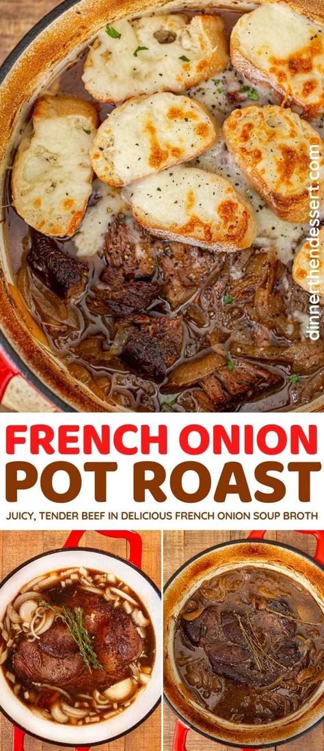 French Onion Pot Roast is an all-in-one dinner with tender chuck roast cooked in a rich French onion soup broth. Chuck Roast Recipes Crockpot, Roast Recipes Crockpot, French Onion Pot Roast, Savory Pot Roast, Tender Chuck Roast, Crockpot French Onion Soup, Chuck Roast Recipes, Dinner Then Dessert, Pot Roast Recipe