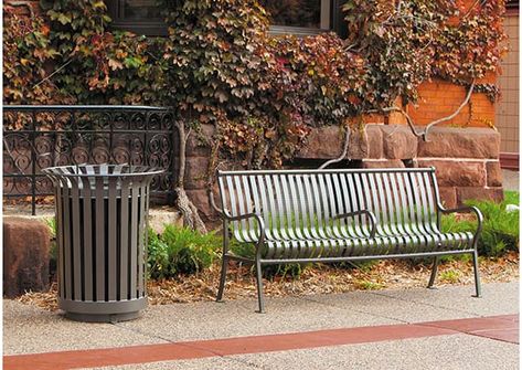 Trash Receptacles that can be quick shipped to your location to keep LITTER OFF THE GROUND. Overstuffed trash cans actually generate more litter. We need to keep that trash out of our drains and waterways. #trashreceptacles #green #anti-litter Park Trash Can, Park Bench Design, Park Amenities, Recycle Bins, Park Benches, Trash Containers, Public Seating, Metal Bench, Bench Designs