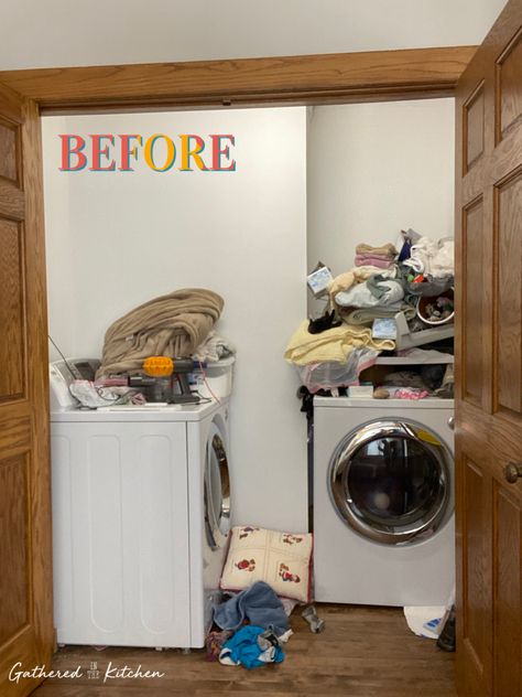 Small Laundry Room Before & After No Door Laundry Room, Washer And Dryer On Opposite Walls, Awkward Laundry Room Layout, Shelving For Laundry Room, Laundry Room With Wallpaper, Room With Wallpaper, Functional Laundry Room, Narrow Laundry Room, Laundy Room