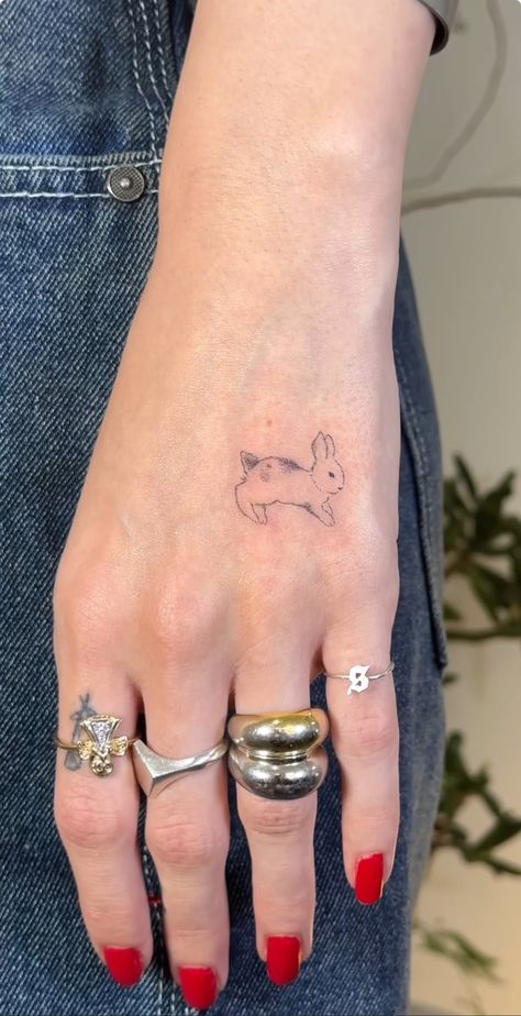 Rabbit Fine Line Tattoo, 1.5 Inch Tattoo Ideas, Bunny Hand Tattoo, Jumping Bunny Tattoo, Bunny Tattoo Cute, Tiny Bunny Tattoo, Little Bunny Tattoo, Bunny Rabbit Tattoo, Cute Bunny Tattoo