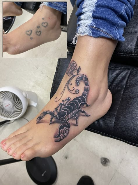 Coverup of small hearts with Scorpion. By: Jesus www.wyldesydestattoo.com #tattoo #coveruptattoo #wyldesydestattoo #foottattoo #sandiegotattooartist #blackandgraytattoo #sandiegotattooartist #scorpiontattoo Cover Up Tattoos For Women, Full Leg Tattoos, Scorpio Tattoo, Pretty Hand Tattoos, Foot Tattoos For Women, Instagram Cover, Scorpion Tattoo, Leg Tattoos Women, Pretty Tattoos For Women