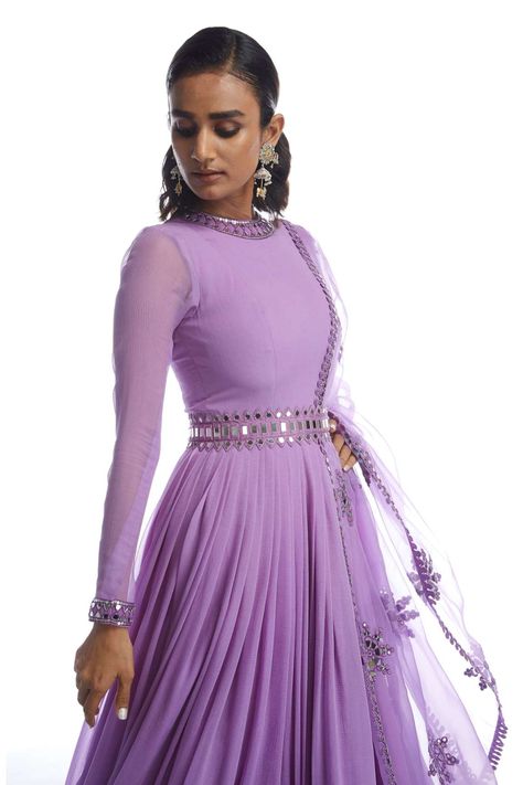 Anarkali Dress With Belt, Pleated Gown Indian, Gown Hand Work Design, Purple Ethnic Wear Women, Pleated Fabric Outfits Indian, Pleated Anarkali Dress, Georgette Anarkali Suits Party Wear, Georgette Long Frocks Indian, Mirror Work Frock Design