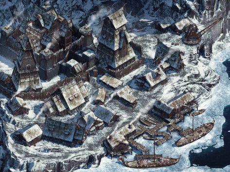 Viking Settlement Art, Snowy Viking Village, Viking City Fantasy Art, Viking Town Concept Art, Viking Village Map, Viking Village Concept Art, Viking Castle, Viking City, Viking Town