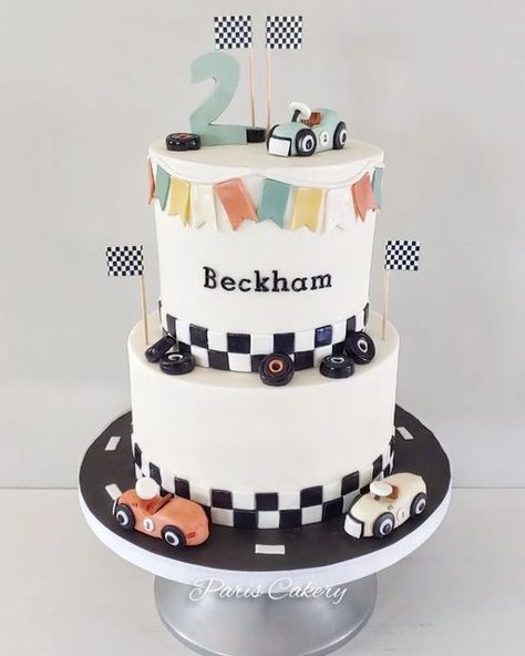 Two Fast Birthday Cake Buttercream, 2 Fast Birthday Cake Ideas, Two Fast 2 Curious Birthday Cake, Buttercream Car Cake, Two Fast Cake Ideas, Fast One Birthday Party Cake, First Lap Birthday Cake, Two Tier First Birthday Cake, Two Fast Two Curious Birthday Cake