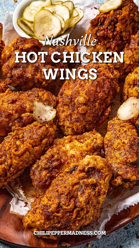 Nashville Hot Chicken Wings served on a tray Spicy Breaded Chicken Wings, Chicken Hot Wings Recipes, Nashville Hot Chicken Wings Recipe, Nashville Chicken Wings, Taco Chicken Wings, Chicken Wing Recipes Spicy, Fried Wings Recipe Crispy, Different Flavor Wings, Nashville Hot Wings Recipe