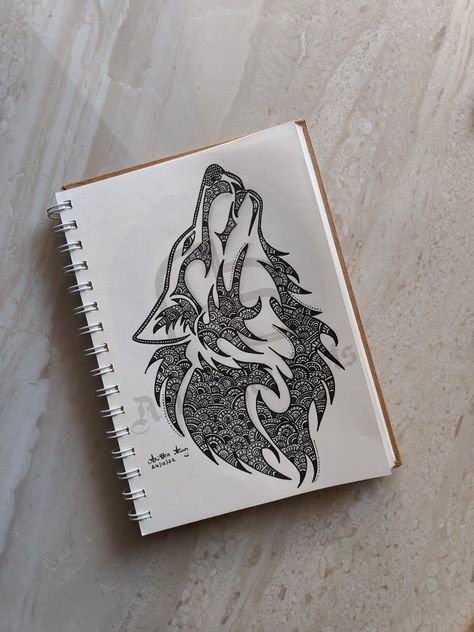 33. WOLF MANDALA 🐺 Wolf Mandala Art, Animal Mandala Artworks, Sketches Landscape, Pencil Sketches Landscape, Mandala Wolf, Earth Day Drawing, Animal Tattoo Ideas, Zentangle Ideas, Moon Mandala