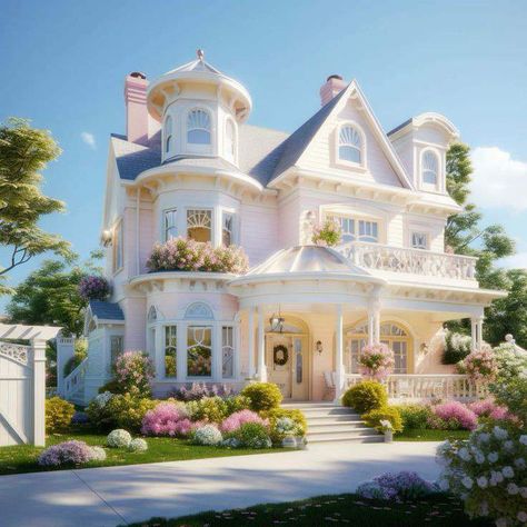 Pink Victorian House, Pink House Exterior, Cozy Castle, Anime Houses, Victorian Castle, Castle Exterior, Castle House Design, Big Mansions, Princess Palace