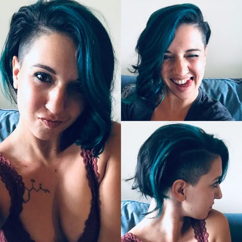 Blue hair/shaved side Pixie Hairstyles Side Shave, Womens Half Shaved Hairstyles, Blue Hair Shaved Side, Partial Shaved Hair Women Short Haircuts, Women’s Hair Shaved Sides, Shaved Sides Woman Haircut, Women Half Shaved Hairstyles, Curly Half Shaved Hair, Hair Styles For Half Shaved Head Style