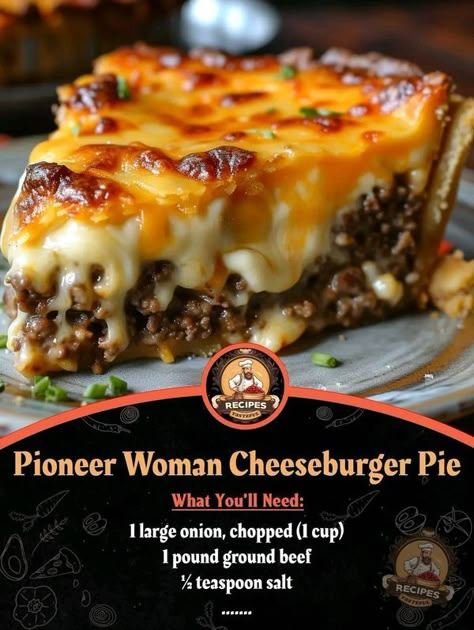 Grandma's cooking recipes | Pioneer Woman Cheeseburger Pie | Facebook Pioneer Woman Cheeseburger Pie Recipe, Cheeseburger Pie Pioneer Woman, Pioneer Woman Cheeseburger Pie, Cheeseburger Pie, Pear Pie, Grandma Cooking, Jamie Oliver Recipes, Ground Beef Recipes For Dinner, Beef And Noodles