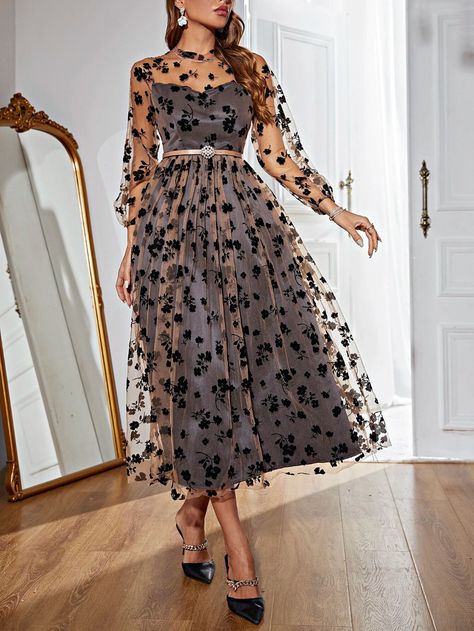 Floral Mesh Overlay Mock Neck A-line Dress Without Belt | SHEIN USA Degree Outfit, Floral Frocks, Maxi Dress Designs, Frock Fashion, Fabulous Style, Frock For Women, Elegant Midi Dresses, Mob Dresses, Long Frocks