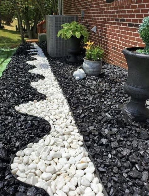 Black And White Stone Landscaping, From Yard Landscaping, Black And White Landscaping, Lava Rock Landscape, Zen Patio, Border Landscaping, Brain Storming, Landscaping Projects, Diy Outdoor Fireplace