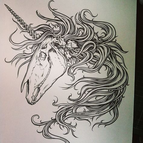 Unicorn Skull, Unicorn Skull Drawing, Scary Unicorn Drawing, Evil Unicorn Drawing, Goth Unicorn Tattoo, Horse Skull, Unicorn Tattoos, Unicorn Drawing, Full Body Tattoo