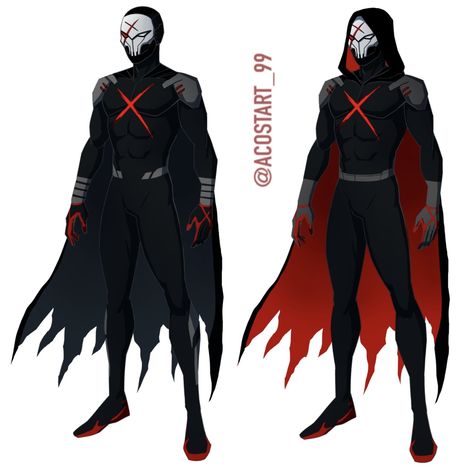 Red Hero Suit, Red Hood Suit, Red X Dc, Superhero Mask Design, Superhero Design Concept Art, Superhero Suit Design, Supervillain Oc, Batman Concept, Teen Titans Fanart