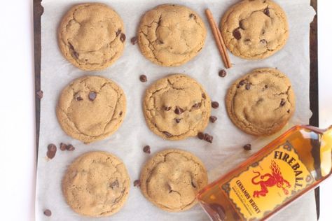 Fireball cookies with brown butter and chocolate chips Fireball Whiskey Recipes Desserts, Fireball Cookies, Fireball Whiskey Recipes, Fireball Recipes, Frozen Drinks Alcohol, Whiskey Chocolate, Brown Butter Chocolate Chip, Whiskey Recipes, Fireball Whiskey