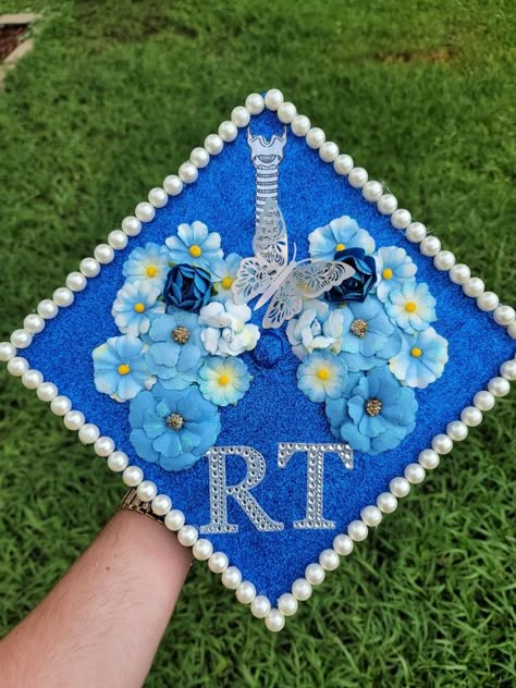 Graduation cap respiratory therapy Grad Cap Ideas Radiology, Respiratory Aesthetic, Graduation Cap Designs Respiratory, Rt Graduation Party, Medical Cap Decoration, Respiratory Cap Decoration, Respiratory Therapy Graduation Pictures, Respiratory Graduation Cap, Respiratory Therapist Graduation Party