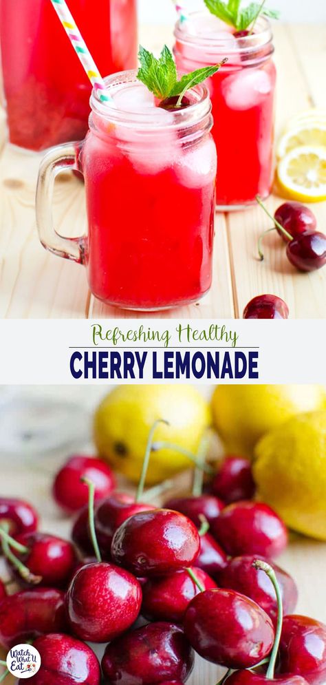 Cherry Lemonade - Make this amazing combination of fresh cherries and lemons. A healthy and refreshing naturally sweetened lemonade for guilt free drinks. Cherry Recipes Gluten Free, Healthy Lemonade, Cherry Lemonade, Healthy Meats, Cherry Recipes, Lemonade Recipes, Fresh Cherries, Non Alcoholic Drinks, Fruit Recipes