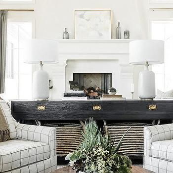 Built In Storage Bench Next to Fireplace - Cottage - Living Room Chairs Behind Sofa, Lamps Behind Sofa, Bench Next To Fireplace, Built In Storage Bench, Sofa Design Ideas, Black Sofa Table, Behind Sofa, Black Wainscoting, Country Style Bedroom