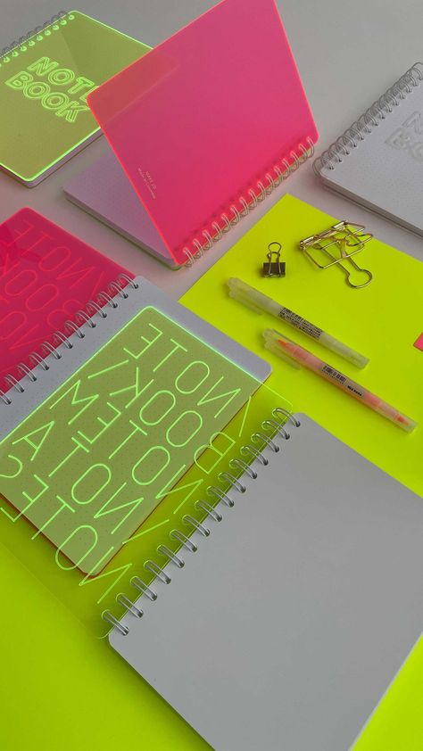 Trendy Multicolor Stationery For Back To School, Notebook Design Ideas Cover, Acrylic Notebook, Neon Stationery, Playful Multicolor Stationery For School, Corporate Notebook Design Branding, Hollow Coves, Design Booklet, Cool Stationery