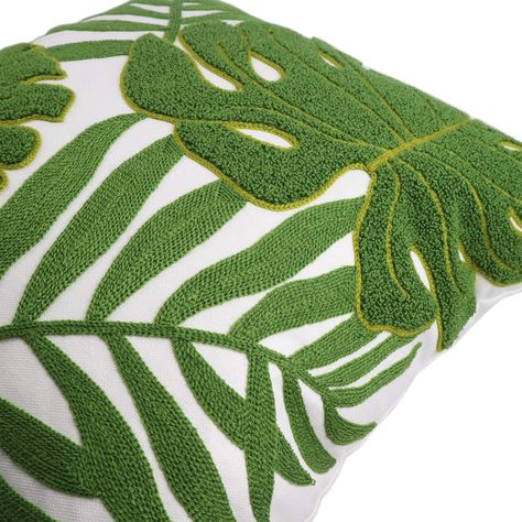 Leaf Pillow Pattern, Needle Palm, Leaf Throw Pillow, Cover For Couch, Leafy Throw Pillows, Leaves Embroidery, Tropical Cushion Covers, Hair Highlights And Lowlights, Tropical Green