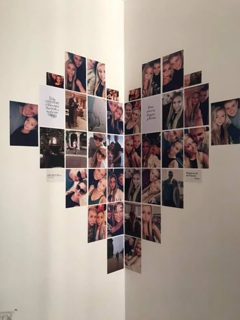 Photo Wall Collage Bedroom Heart, Pic Heart Collage, Heart Photo Collage Wall Corner, Heart Pic Collage On Wall, Photo Wall Asthetic Ideas, Photo Wall Collage Heart Shape, Heart Shaped Photo Wall, Picture Wall Heart Shape, Picture Wall Ideas Heart