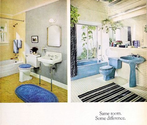 1980s bathroom decor & color schemes for that real retro look 49 Retro Blue Bathroom, 1980s Bathroom, Vintage Bathroom Decor, Blue Bathroom Decor, Bathroom Decor Colors, Decor Color Schemes, Yellow Bathrooms, Bathroom Color, Bathroom Carpet