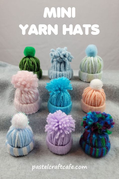 Christmas Gnome Yarn Craft, How To Make Mini Yarn Hats, Mini Gnome Hats, Snowman Hat Crafts Diy, Mini Yarn Hat Gnomes, Yarn Snowman Hats, Mini Knit Hats, Christmas Yarn Hat Ornaments, Mini Knit Hat