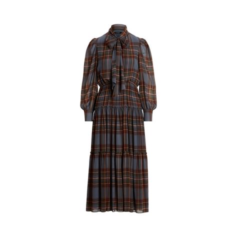 Plaid Tie-Neck Crinkle Georgette Dress for Women | Ralph Lauren® UK Ralph Lauren Plaid Dress, Dinner Outfits Winter, Fluid Movement, Ralph Lauren Plaid, Ralph Lauren Vintage, Women Ralph Lauren, Georgette Dress, Plaid Tie, Dinner Outfits