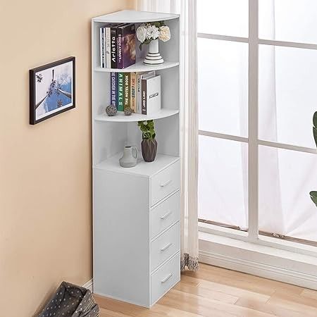 Small Cabinet With Drawers, White Bathroom Storage Cabinet, Tall Corner Cabinet, Bathroom Corner Storage, Storage Furniture Design, White Bathroom Storage, Slim Bookcase, Corner Bookshelf, Bookcase With Drawers