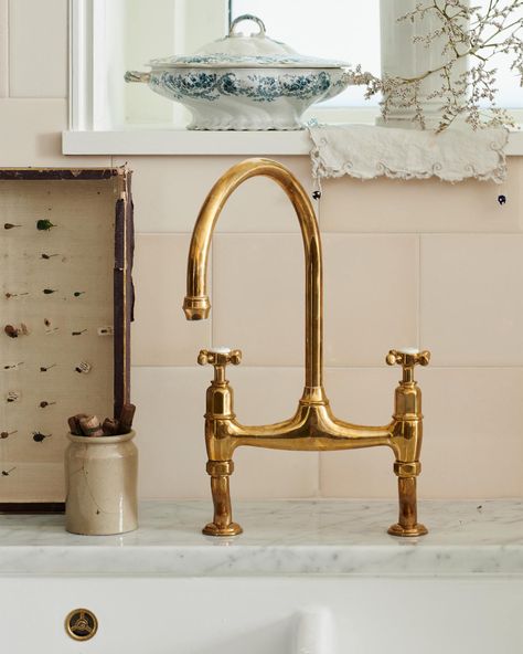 deVOL Aged Brass Ionian Tap | deVOL Kitchens Aged Brass Kitchen Faucet, Brass Pot Filler, Brass Kitchen Tap, Vintage Faucet, Tuscan Farmhouse, Arabescato Marble, Bespoke Kitchen Design, Barn Kitchen, Devol Kitchens