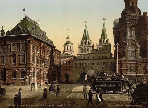 Download Image of Manezhnaya square. Moscow, Russian Empire. Photochrom print. Postcard.. Free for commercial use, no attribution required. 19th-century postcard of Voskresensky (Resurrection) or Iberian Gate in Moscow. Dated: 1890 - 1917. Topics: former resurrection gate, historical images of kitai gorod, moscow, moscow on photochrome prints, russian empire, postcards, photochrom prints, russia Postal Vintage, Russian Architecture, Ancient Buildings, Imperial Russia, Postcard Collection, Historical Images, Buy Wall Art, Moscow Russia, Library Of Congress