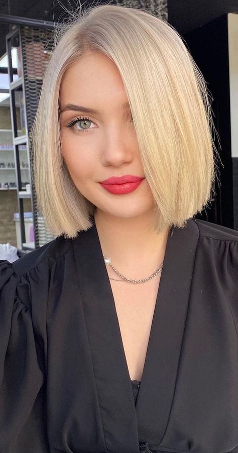 23. Professional Blonde Bob Look The sleek and chic bob is a hairstyle that epitomizes modern sophistication and effortless style. With its clean lines,... Short Blonde Hair Straight Bob, Blonde Bob Straight Hair, Short Bob Hairstyles Blonde, Bob Haircut Side Part, Blonde Bob Hairstyles Fine Hair, Mikado Haircut, Side Part Bob Hairstyles, Straight Bob Blonde, Sleek Blonde Bob