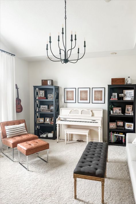 The kids started taking piano lessons this fall, which has turned our attention back to the front music room... and the last remaining giant ceiling fan in our house. Piano Next To Couch, Mid Century Piano Room, Front Room Piano, Upright Piano Decor, Piano Room Decor, Piano Living Rooms, Living Room With Dining Area, Piano Decor, Piano Room