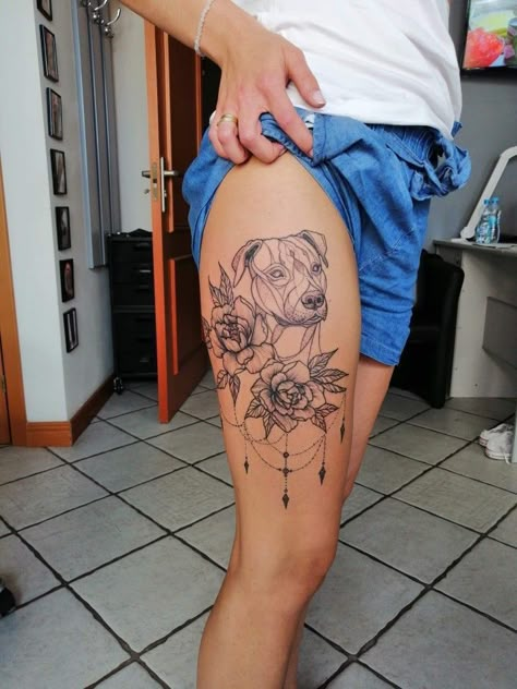 Leg Dog Tattoo, Pitbull Leg Tattoo, Pitbull Tattoos For Women, Pet Portrait Tattoo Black And White, Pitbull And Flowers Tattoo, Artistic Dog Tattoo, Dog Portrait Tattoo Thigh, Dog Tattoo On Leg, Dog Tongue Tattoo