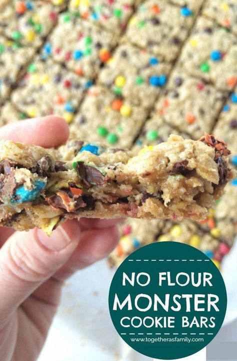 Non Gluten Desserts, Gluten Friendly Desserts, My Gluten Free Kitchen, Keto Monster Cookie Bars, No Flour Monster Cookie Bars, Gluten Cookie Recipes, Flourless Cookie Bars, Desserts For A Crowd Gluten Free, Gf Monster Cookies Gluten Free