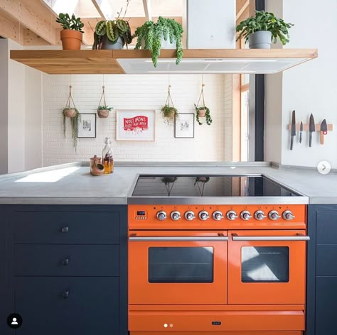 Jeff loves the pop color range. We also like the idea of the shelf vent hood that could have plants on top. Exposed Rangehood Kitchen, Adu Apartment, Island Extractor Fan, Houseboat Interiors, Green Shaker Kitchen, Sustainable Kitchen Design, Kitchen Extractor Fan, Island With Stove, Kitchen Extractor