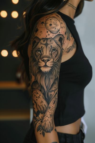 25+ Feminine Tattoo Sleeves That Are So Elegant Lioness Sleeve Tattoos For Women, Lion Tattoo Sleeves Women, Protective Mother Tattoo, Feminine Tattoo Sleeves Spiritual, Spiritual Tattoo Sleeve Women, Feminine Sleeve Tattoo, Lion Sleeve Tattoo, Women Full Sleeve Tattoo, Womens Sleeve Tattoo Ideas