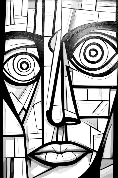 coloring page, black and white drawing of a person's face, portrait, monochrome, minimalist art, abstract art, subtle shading, AI assisted art Abstract Art Coloring Pages, Picasso Coloring Pages, Basic Sketches, Cubism Portrait, Picasso Faces, Face Coloring, Minimalist Art Abstract, Cubist Art, Person Drawing