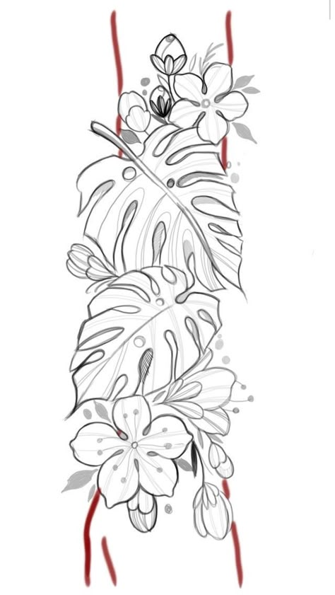 Forearm Plant Tattoo Women, Monstera Flower Tattoo, Tropical Flower Tattoo Designs, Plant Mandala Tattoo, Monstera Vine Tattoo, Leave Tattoo Ideas, Tropical Flower Tattoo Sleeve, Monstera Tattoo Sleeve, Plants Tattoo Design