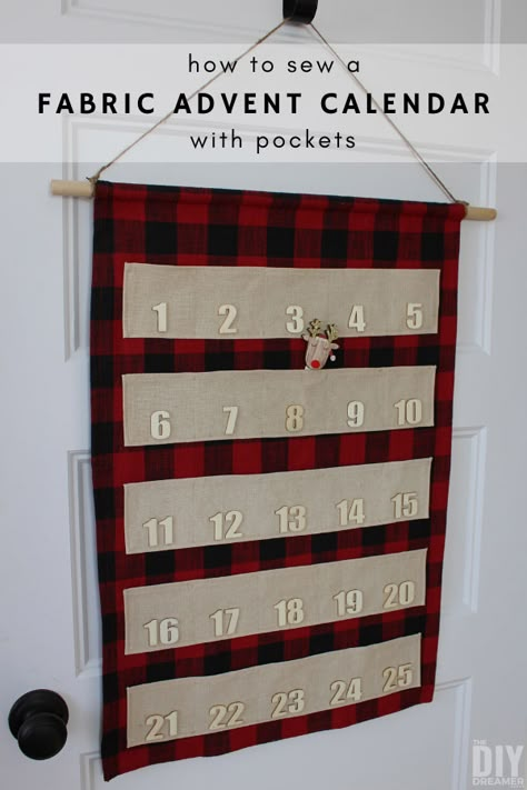 Learn how to sew a fabric advent calendar with pockets. This DIY fabric Christmas countdown calendar makes a beautiful Christmas door decoration. Handmade Sewn Advent Calendar, Diy Avant Calendar, Fabric Christmas Advent Calendar, Pocket Advent Calendar Diy, Christmas Countdown Sewing, Fabric Advent Calendar Diy Sewing, Diy Advent Calendar Fabric, Quilted Advent Calendar Ideas Diy, Diy Advent Calendar Wall Hanging