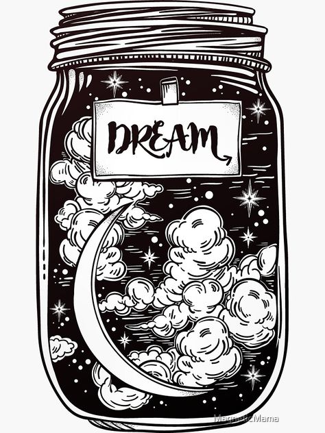 ""Dream in a Jar" Clouds, Moon and Stars" Sticker by MagneticMama | Redbubble Night Sky Moon, Posca Art, Magic Symbols, Journal Art, Arte Inspo, Dream On, Moon And Stars, In A Jar, Linocut Prints