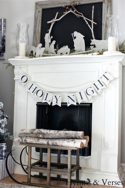 Make this glittered nativity and banner with free templates! Christmas Mantel Decorations, Fabulous Christmas, White Christmas Decor, Christmas Mantle, Christmas Mantels, Mantel Decorations, Winter Wonder, Christmas Nativity, Noel Christmas